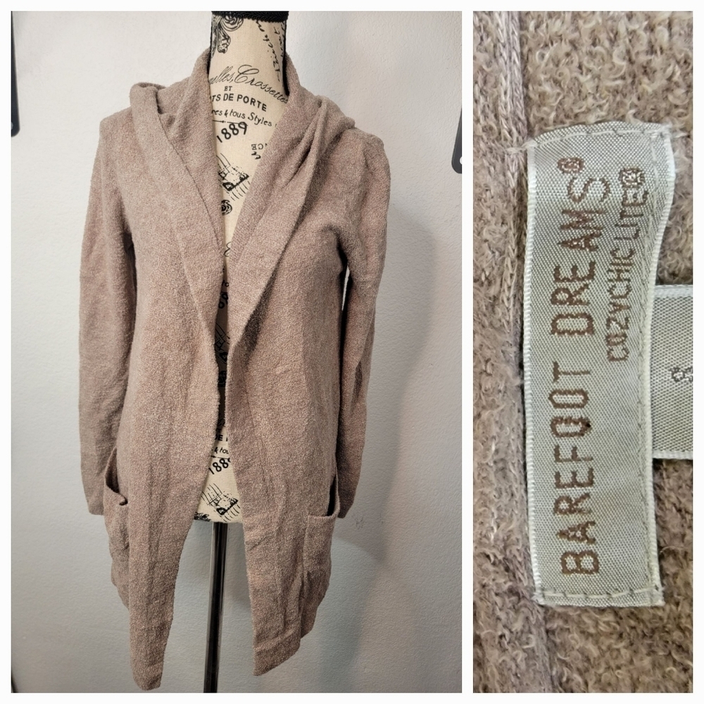 Barefoot dreams Hooded Cardigan Small Cardi Cozychic Lite Pockets Tan 905